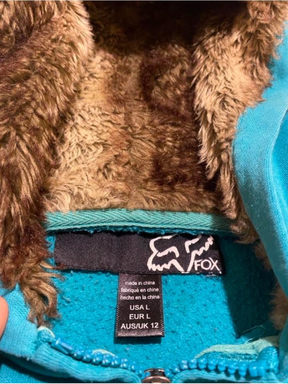 Fox Teal Hoodie Jacket with Brown Sherpa Hood Lining - Picture 6 of 6